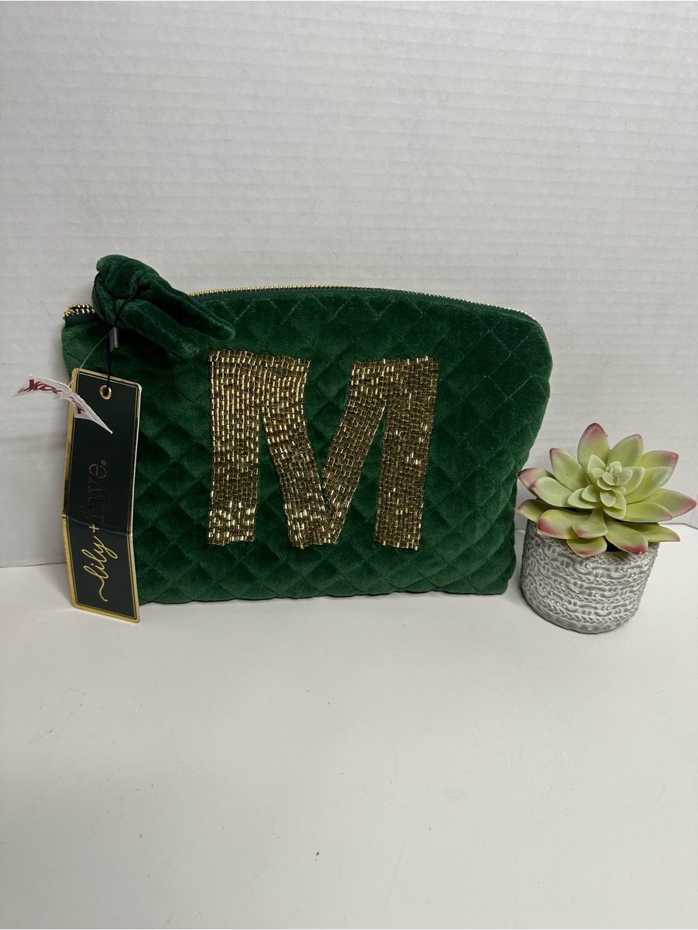 Lily Green Quilted Velvet Cosmetic Pouch with Gold Sequin M